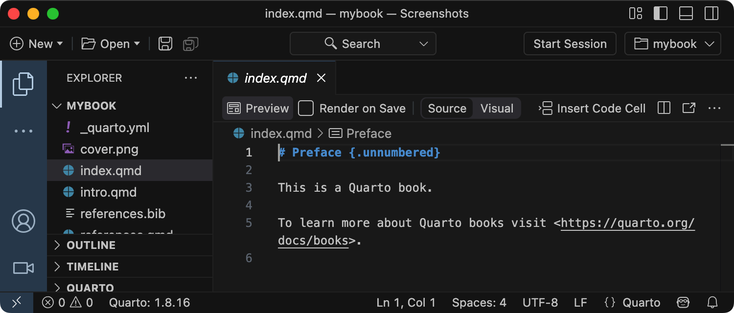The new book project open in Positron, with index.qmd in the editor and the Preview button in the editor toolbar highlighted.