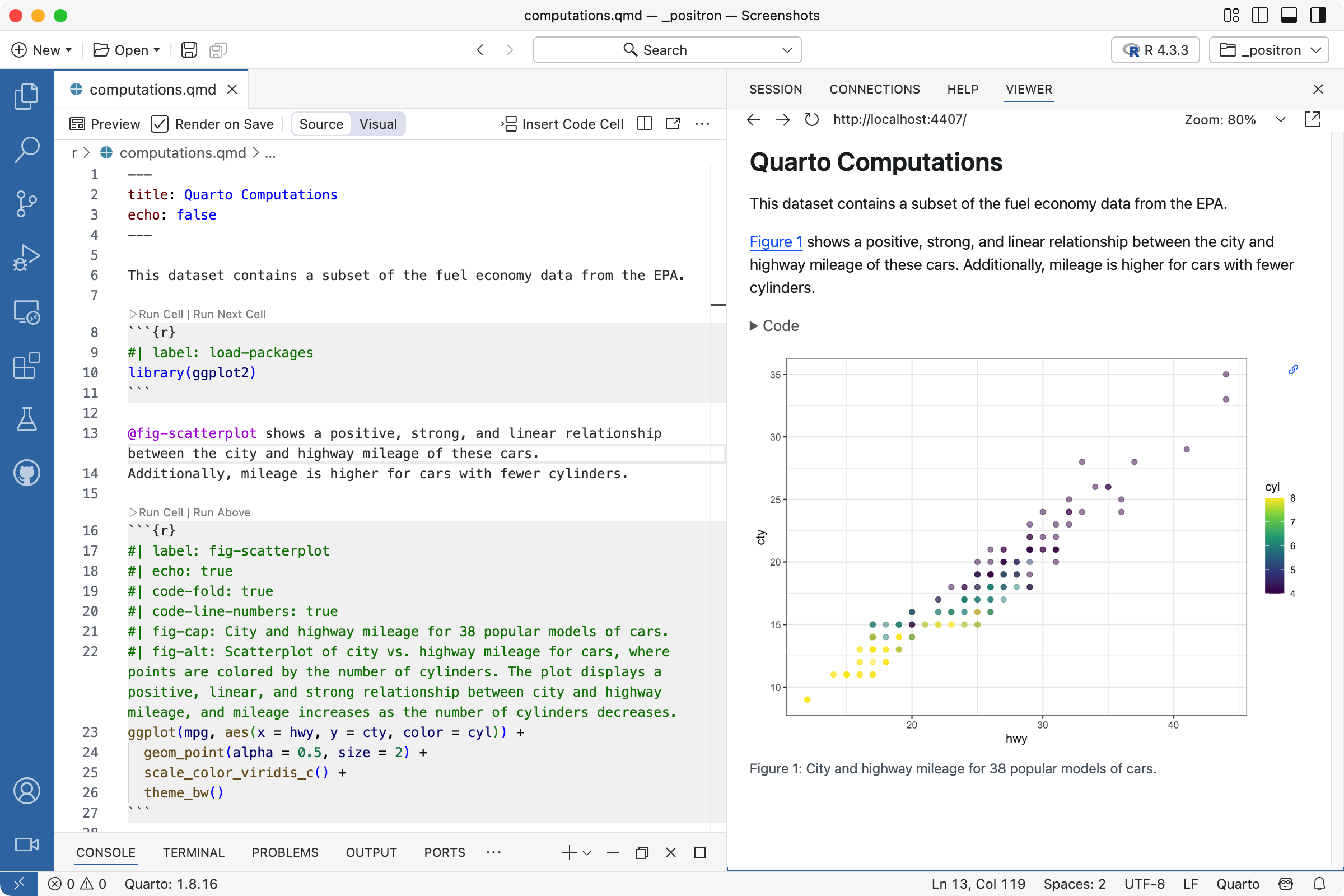 Positron with computations.qmd open. On the left is the Editor. Compared to earlier images on the page, the code cell shows the added fig-cap and fig-alt options. On the right is the rendered version of the document. Below the figure is a caption.